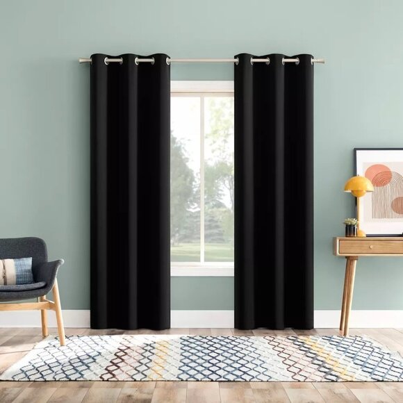 Sun Zero Tedrow Blackout 2 Grommet Hang Solid Black Curtain Panel Set 37" x 63" - Picture 1 of 7